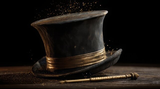 Vintage magician top hat with gold band, antique black silk hat on wooden table, mystical stage magic props with gold dust
