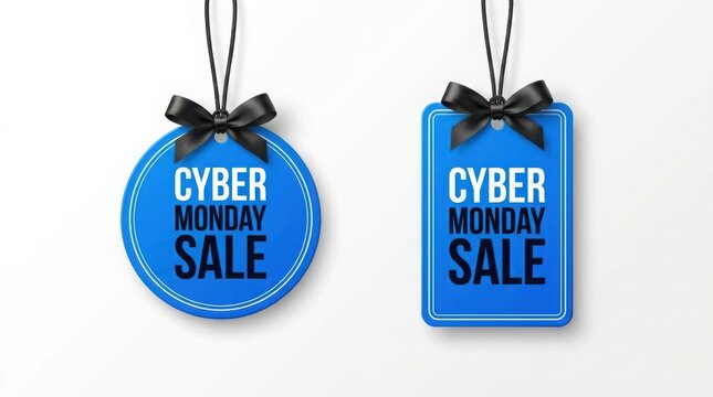 Blue Cyber Monday sale tags with black ribbon on white background