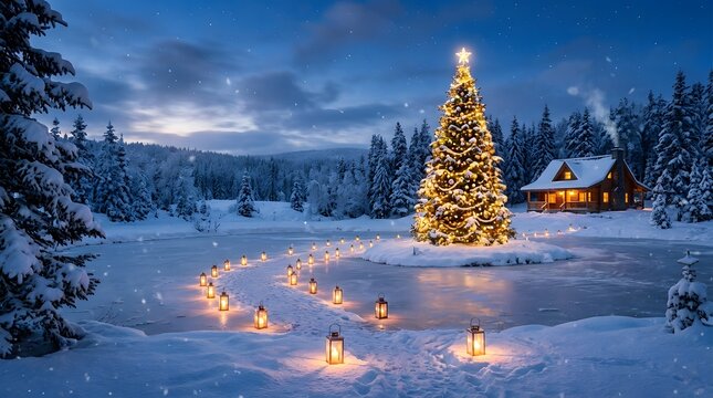 A breathtaking winter landscape featuring a beautifully illuminated christmas tree and a cozy cabin scene