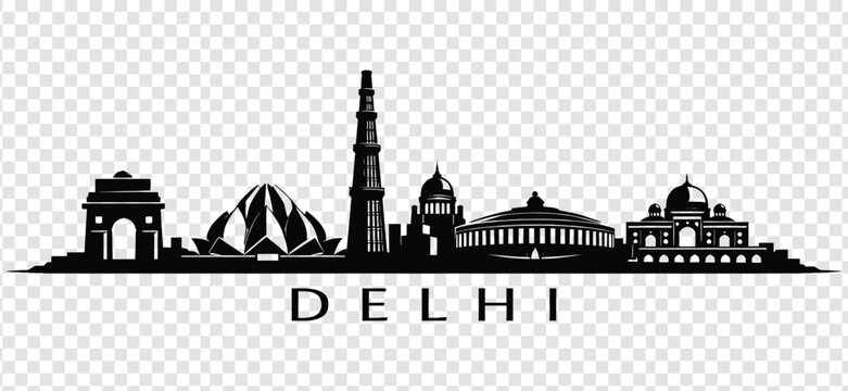Delhi india city skyline silhouette with iconic architectural landmarks, historical monuments and famous buildings