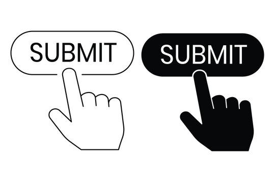 Vector illustration of a finger cursor pressing a submit button isolated on a clean white background.