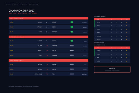 Esports match schedule and group standings template tournament