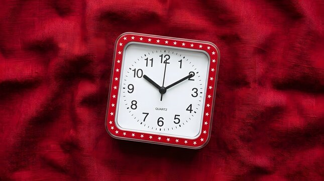 A close up of a decorative red jeweled clock resting on a vibrant textured red fabric background