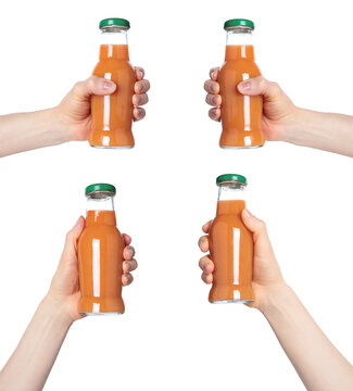 Set of Hands holding a glass bottle filled with orange juice, isolated on transparent background. Suitable for food, drink, freshness, citrus, and healthy lifestyle projects
