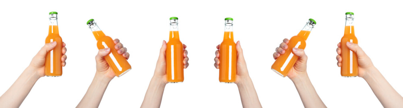 Set of Hands holding a glass bottle filled with orange juice, isolated on transparent background. Suitable for food, drink, freshness, citrus, and healthy lifestyle projects
