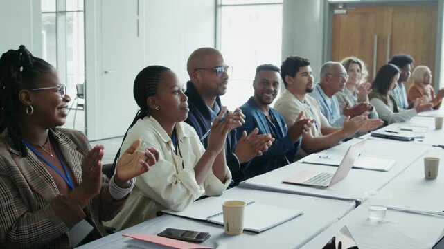 Group of happy colleagues applauding with genuine smiles and positive energy during a successful corporate meeting or conference. They show appreciation and enthusiasm for the speaker or event.