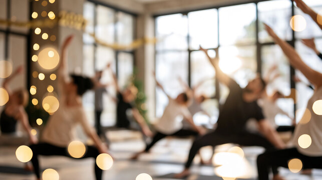 People practicing yoga in a bright fitness studio, stretching bodies during a wellness workout session