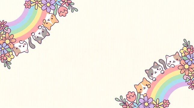 Cute cats and piglets playing under rainbow flowers