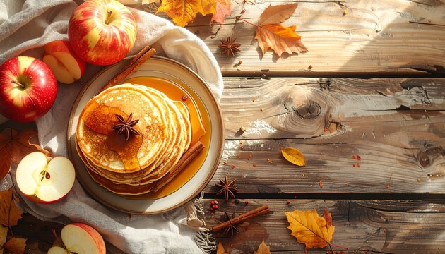 Overhead flat lay of autumn breakfast pancakes with apples and cinnamon, copy space