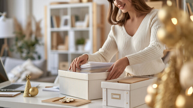 Woman organizing documents in storage boxes, tidying home office for productivity during festive season