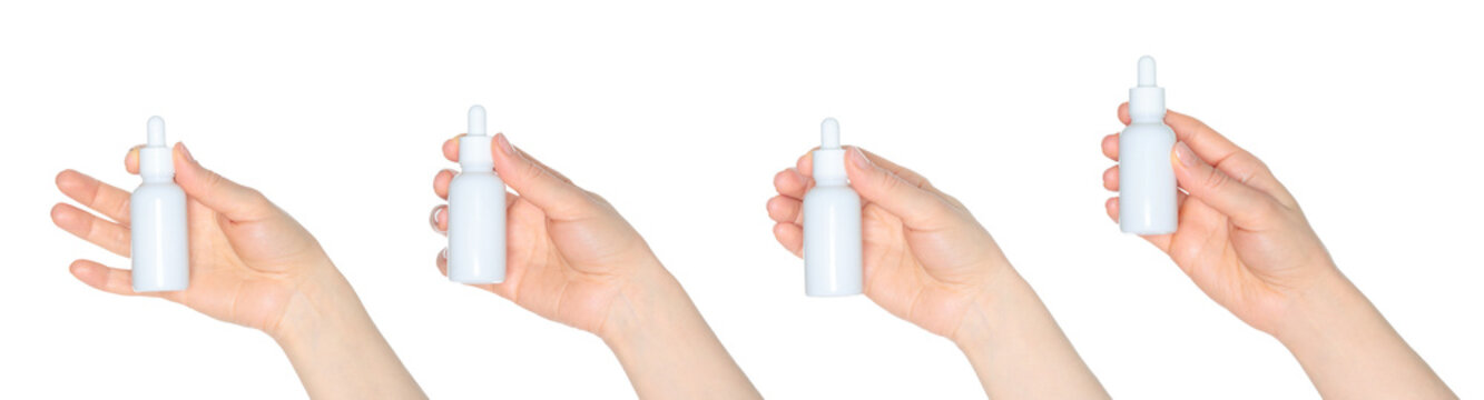 Set of human hands holding white cosmetic bottle isolated on transparent background. Beauty and skincare png collage for cosmetic, wellness, and creative projects