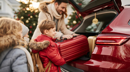 Obraz premium Family packing luggage into car trunk, preparing for a christmas road trip during winter holidays, children excited