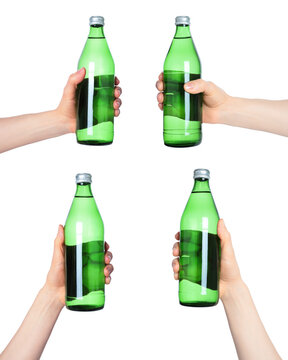 Set of Hands holding a glass bottle of mineral water, isolated on transparent background. Ideal for hydration, health, wellness, drink, and product presentation projects