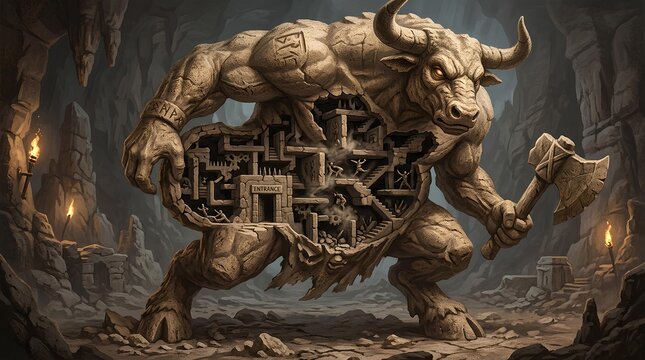 Minotaur warrior with labyrinth torso holding battle axe.