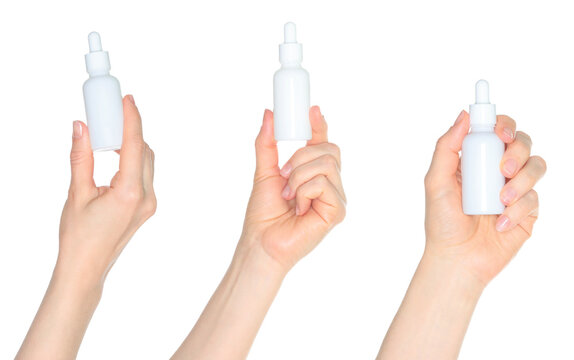 Set of human hands holding white cosmetic bottle isolated on transparent background. Beauty and skincare png collage for cosmetic, wellness, and creative projects