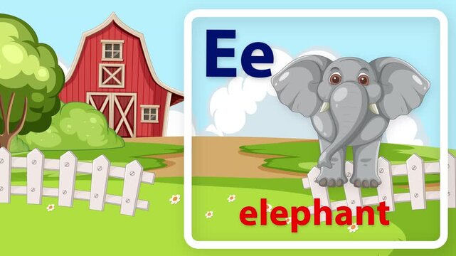 Educational Alphabet Animation Featuring Letter E and Cartoon Elephant on Farm