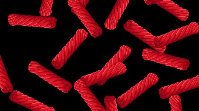 Red Licorice Candy Pieces Falling Against a Solid Black Background