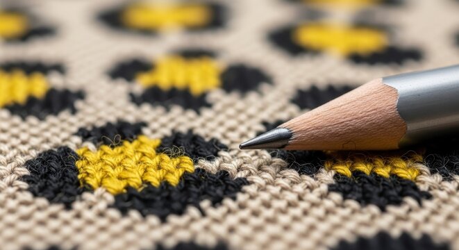 Close up pencil tip resting on textured leopard pattern fabric surface