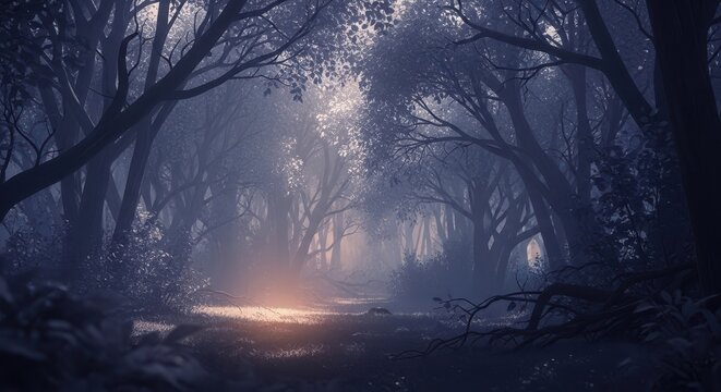 Mysterious dark forest landscape with glowing light through misty trees