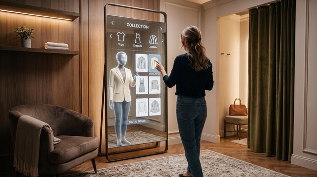 A woman interacts with a smart mirror display showing digital clothing options in a room with clothing items virtual virtual try experience with view select digital