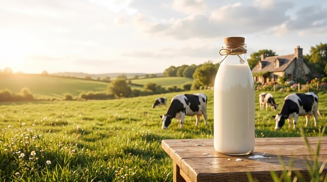 Fresh milk bottle on a rustic wooden table with cows grazing in a green countryside pasture
