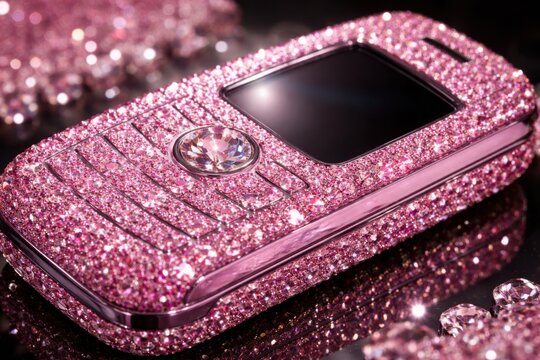 Vintage cell phone decorated with sparkling pink rhinestones and diamonds