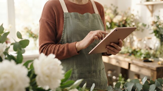 Professional florist using digital tablet in flower shop. Female small business owner managing floral orders. Artisan woman in apron working.