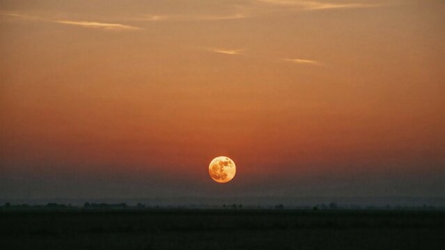 Full moon rising over a calm landscape at sunset