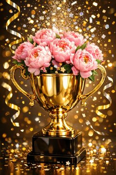 Elegant gold award trophy with blooming pink flowers in a festive celebratory scene