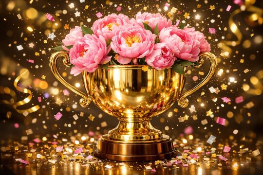 Shiny golden trophy bowl arrangement with lush pink peonies and sparkling bokeh