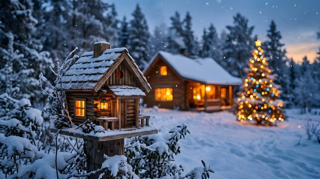 A cozy winter wonderland scene illuminated cabin snow covered trees and a festive christmas tree