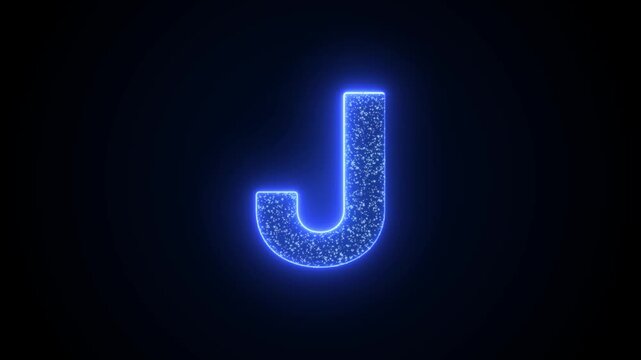 Letter J Glowing Blue Neon Animation with Sparkling Particles