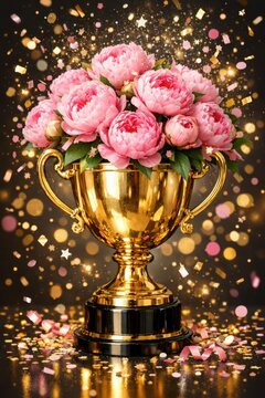Golden trophy cup filled with pink peonies surrounded by falling confetti and glitter