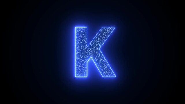 Letter K Glowing Blue Neon Animation with Sparkling Particles