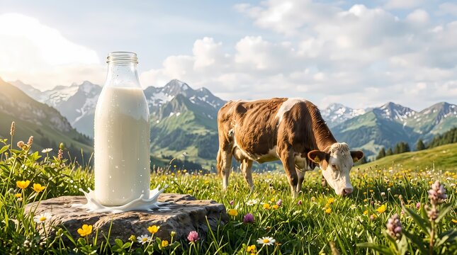 Fresh Milk Bottle on Alpine Meadow with Grazing Dairy Cow