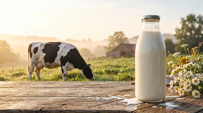 Fresh milk in a glass bottle on a rustic wooden table with a cow grazing in the meadow at sunrise