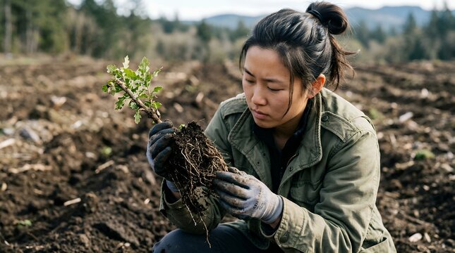 Female forester examining a young tree sapling root ball in a reforestation field.
