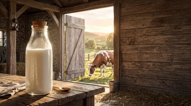 Fresh milk bottle on a rustic wooden table inside a dairy farm barn with a grazing cow