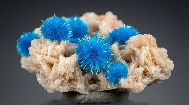 Vibrant electric blue cavansite rosettes on white stilbite mineral macro