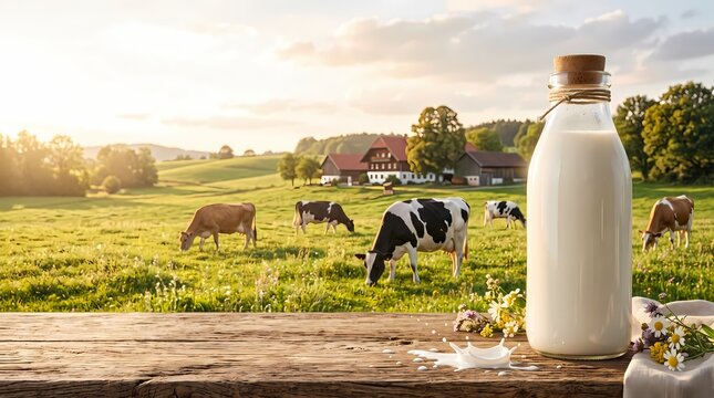 Fresh Organic Milk Bottle on a Rustic Wooden Table with Grazing Cows in a Sunny Green Pasture