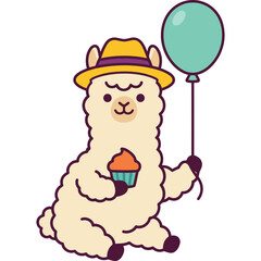 Obraz premium Cute Alpaca Ilama Party Holding Cupcake