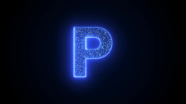 Letter P Glowing Blue Neon Animation with Sparkling Particles