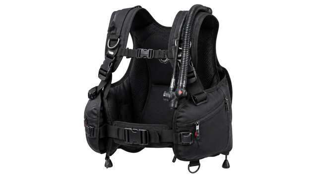 Buoyancy control device vest with inflatable bladder on transparent background showing diving equipment detail
