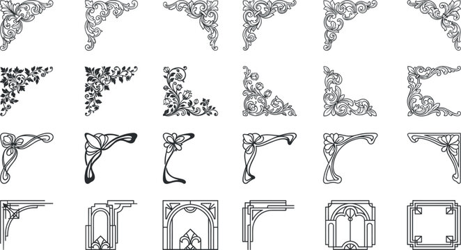 Vintage Floral Corner Border Icon Set with Elegant Ornate Filigree Elements for Wedding Invitations, Decorative Framing, and Certificate Graphic Designs