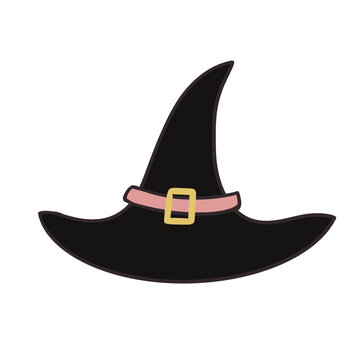 Pointy witch hat vector illustration with a pink band and gold buckle. Clean hand-drawn style Halloween costume accessory element