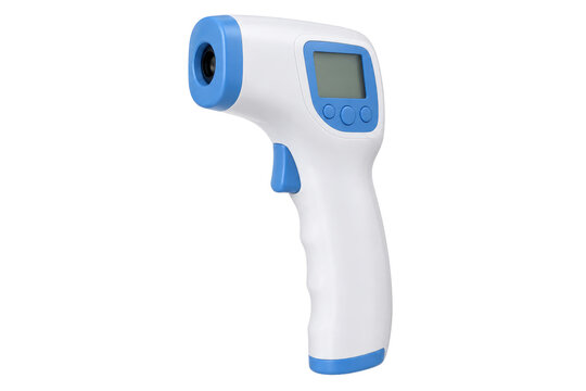 Digital infrared forehead thermometer with ergonomic handheld body and blue sensor, isolated on transparent background for healthcare use