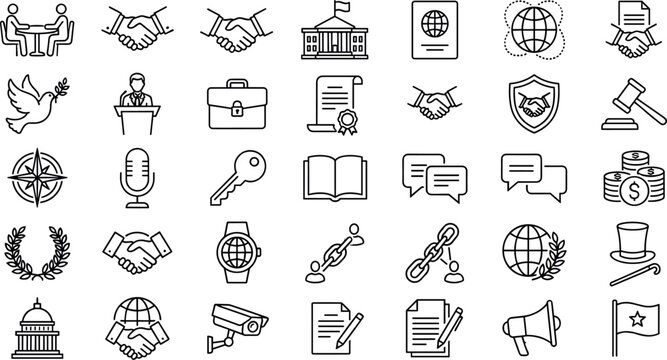 Global Diplomacy Politics and International Relations Icon Set with Handshake Peace Dove Legal Treaty and Government Symbols for Website and App Designs