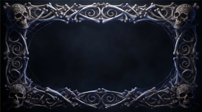Halloween skeletal frame with skulls and spiderwebs 3d rendering on dark background