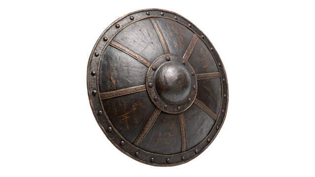 Ancient round metallic warrior shield with textured antique iron plate decorative pattern