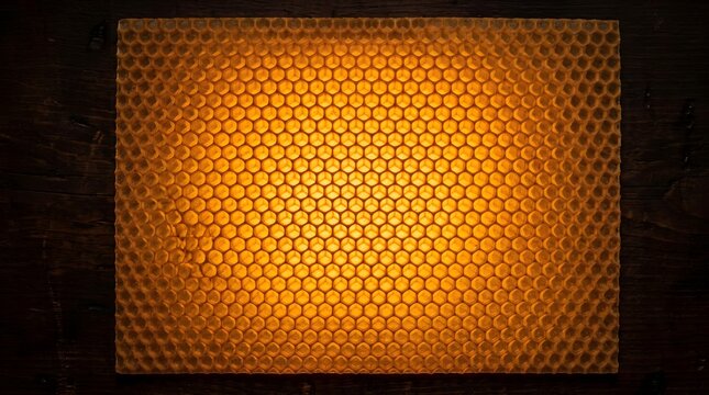 Golden honeycomb pattern with warm lighting, organic hexagonal wax texture, natural bee hive structure for food and wellness backgrounds